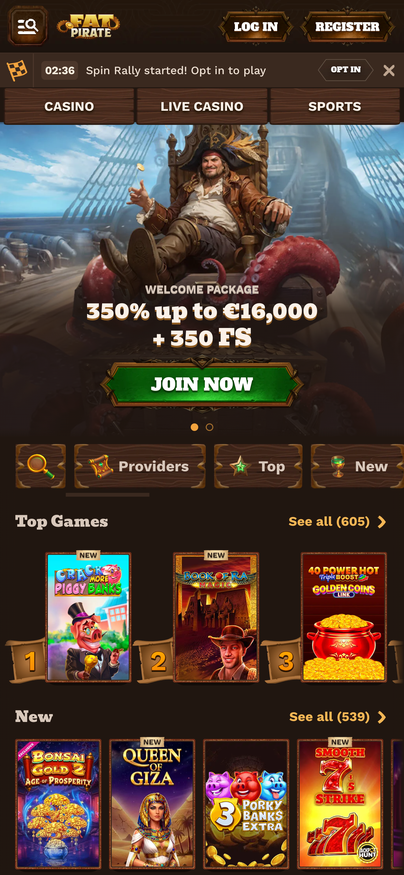 FatPirate Casino mobile lobby screen