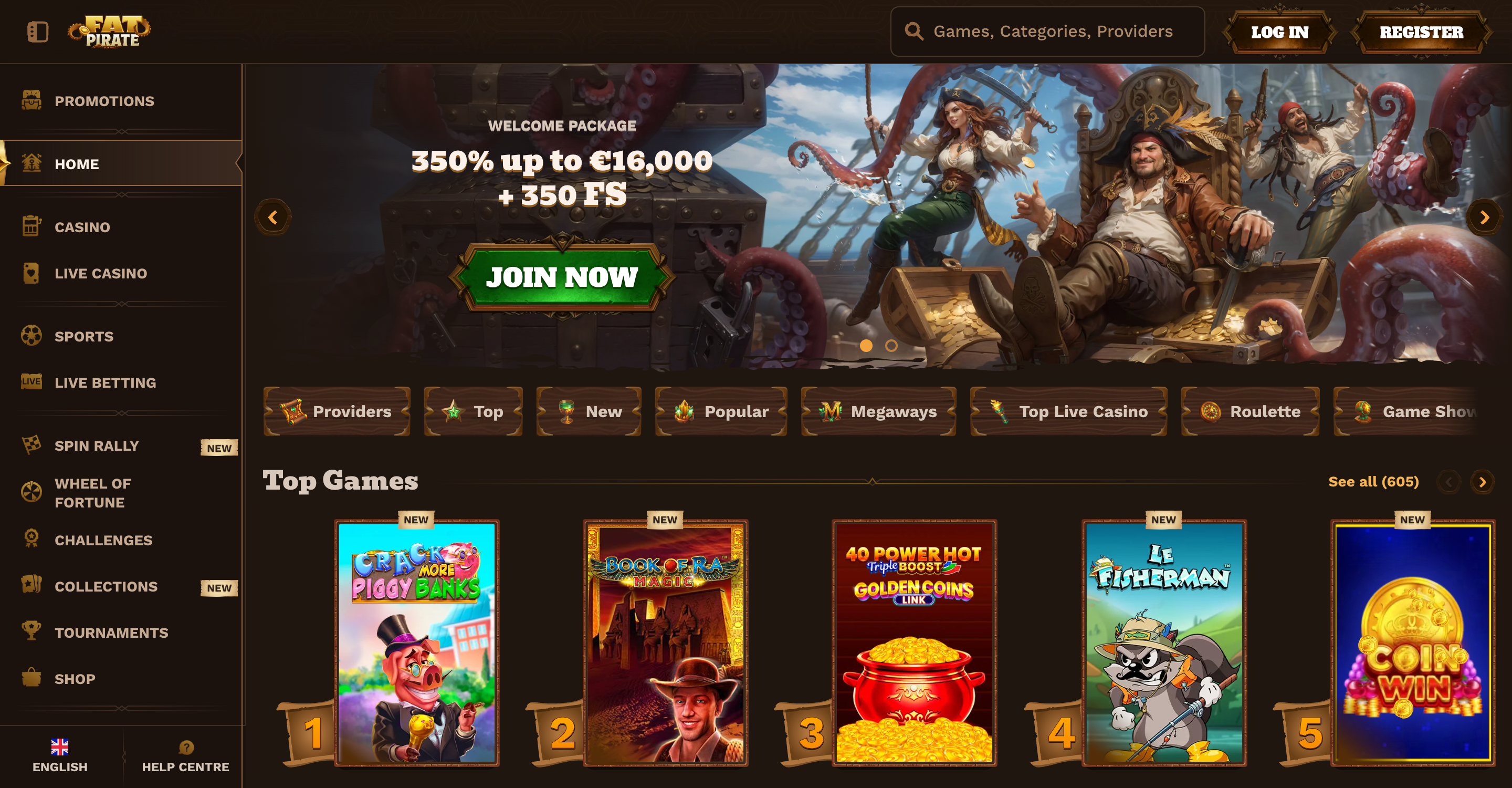 FatPirate Casino desktop lobby with games and account navigation