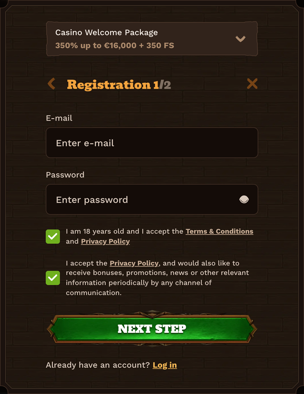 FatPirate Casino registration form step one